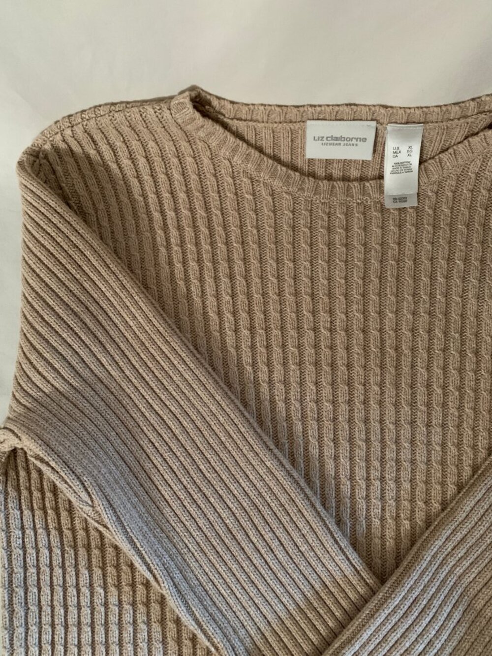 100% Cotton Cable Knit Sweater Liz Claiborne Beige X-Large